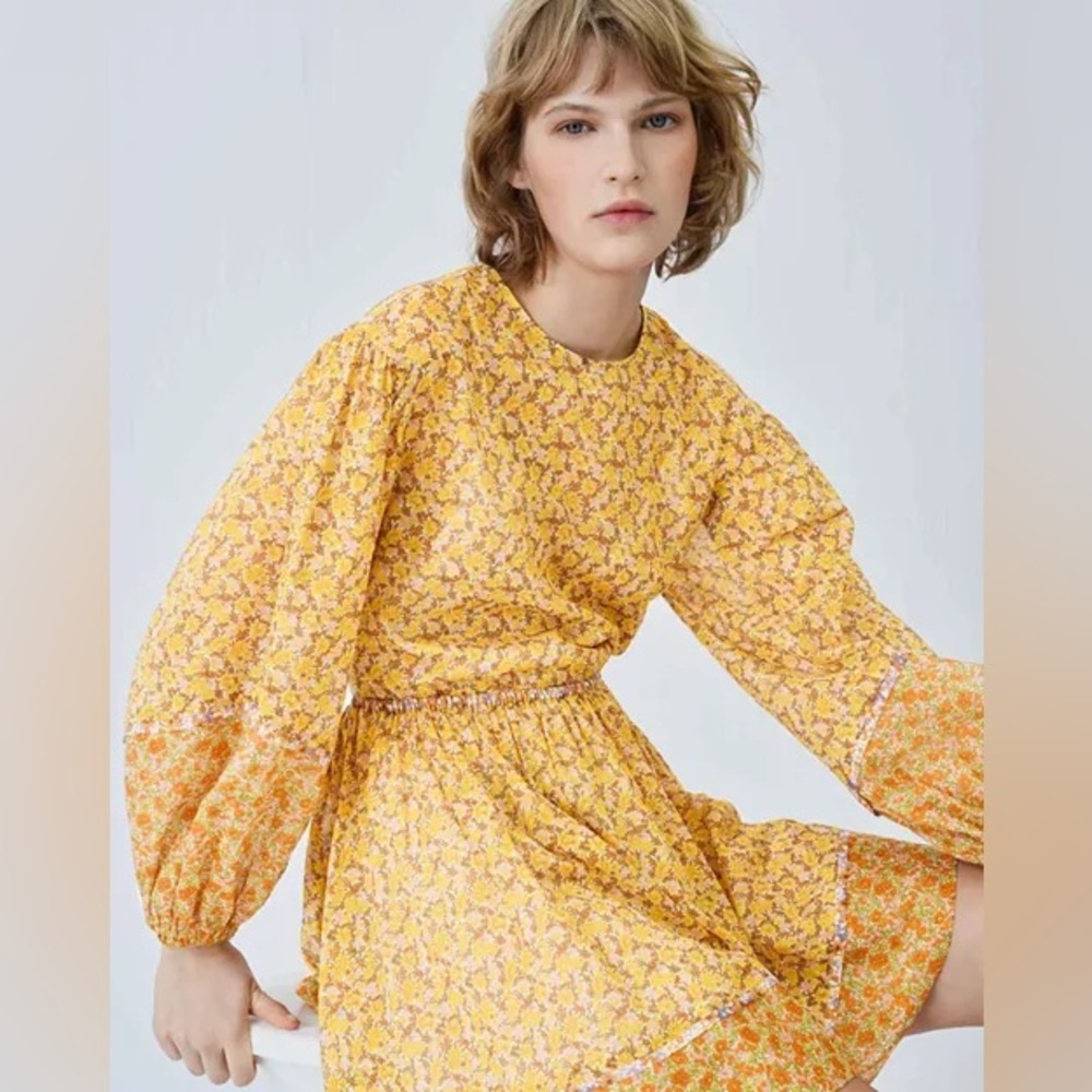 New! Maje Risso Yellow Floral Cut-Out Mini Long Sleeve Dress 🌼 Small - Picture 6 of 16